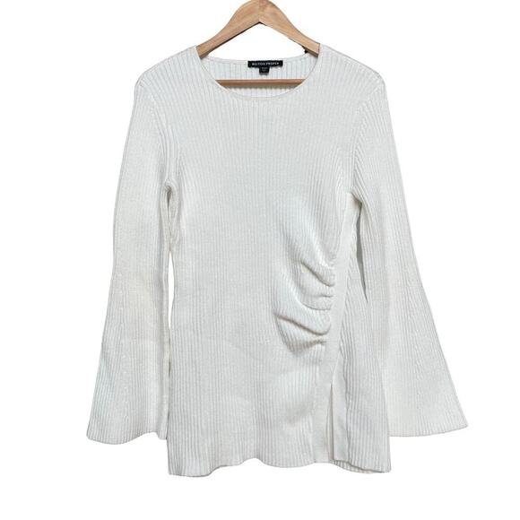 Boston Proper M Side Slit Ruched Sweater | Tunic Flare Ribbed, Off-White $200 - Picture 8 of 9